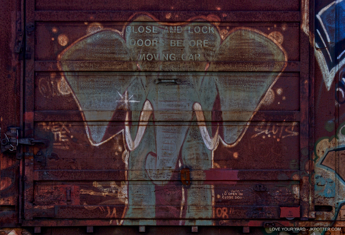 elephant, tags, graffiti, boxcar, train, boxcar tags, railroad graffiti, freight train graffiti, rail art, rail graffiti, boxcar, freight, moniker